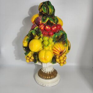 Italian Fruit Topiary Statue Painted Chalkware Bananas Grapes Apples Pedestal